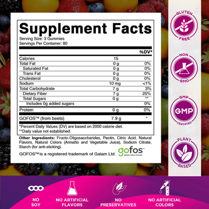 Prebiotic Fiber Gummies for Adults, 7G Extra Strength, Zero Sugar Added, 240 Pectin Based Gummies, Digestive Health & Regularity Support